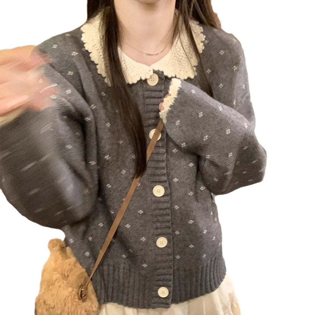 Retro Peter Pan collar knitted cardigan with floral embroidery in navy blue colour