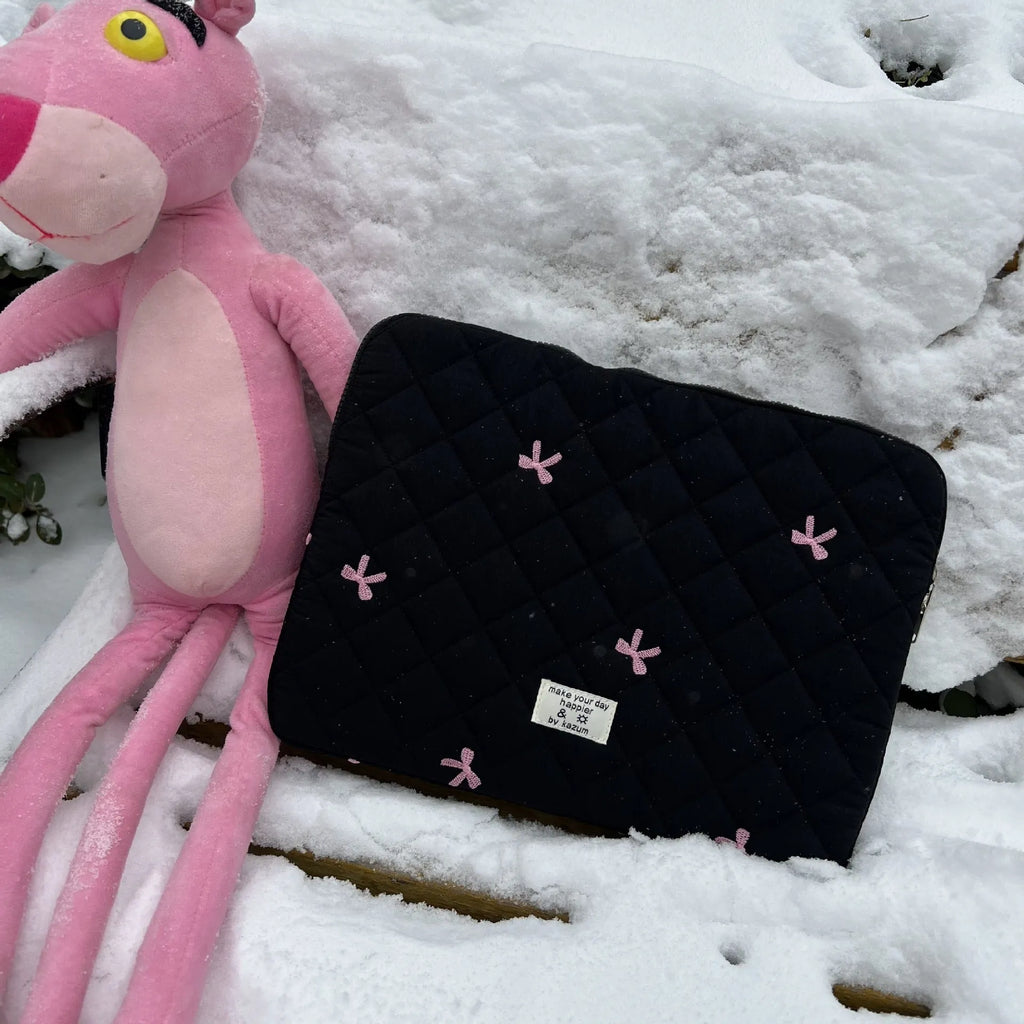 Rhombus embroidered bow notebook storage bag in nylon with device-specific sizing options