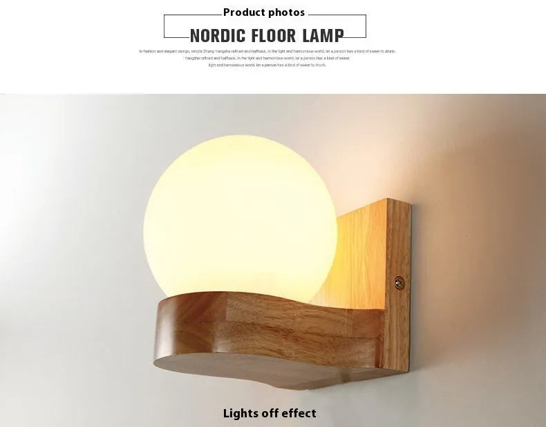 Solid wood spherical wall lamp with glass shade on a living room wall, single head
