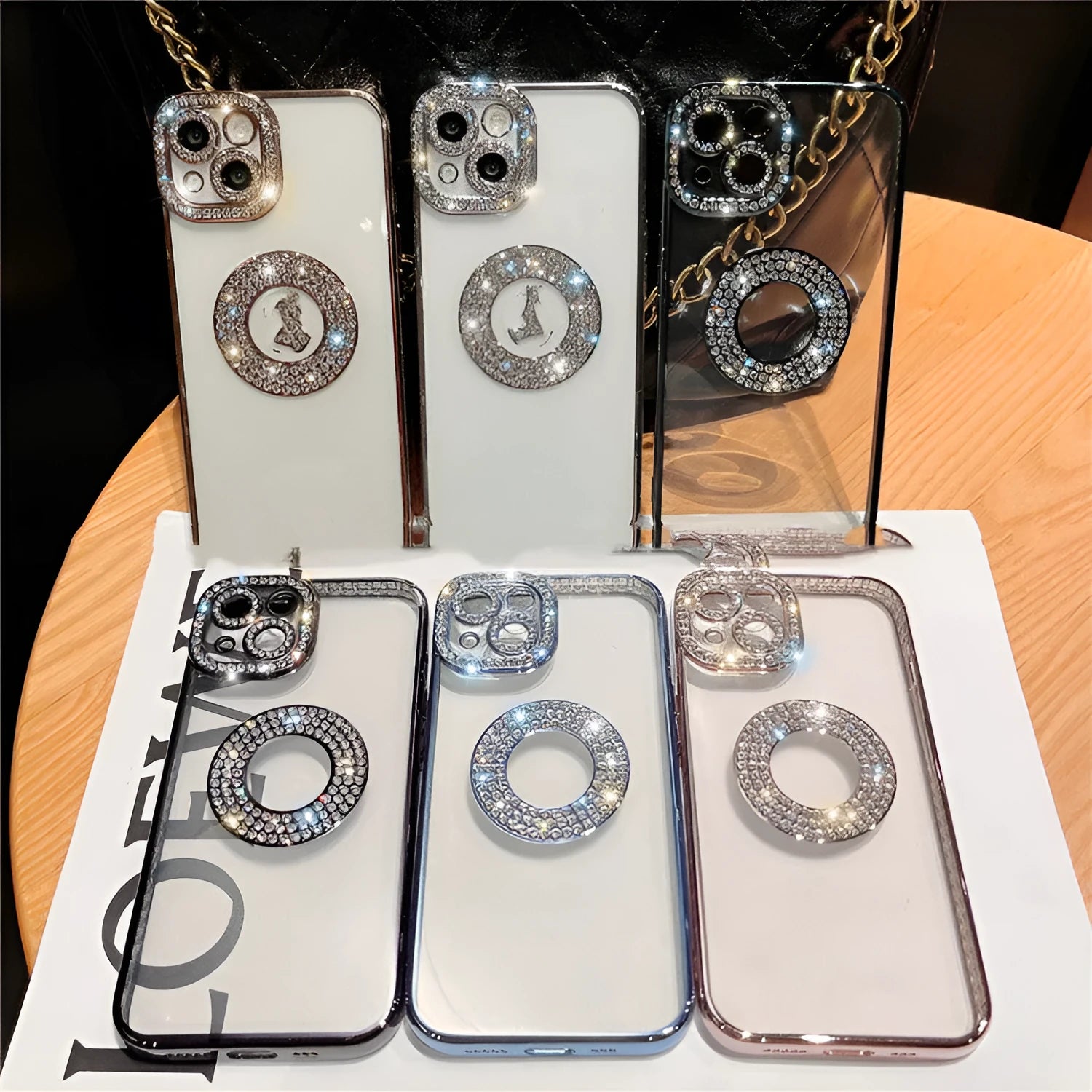 Diamond ring electroplate TPU phone case with rhinestones for iPhone 14 Pro Max in black colour