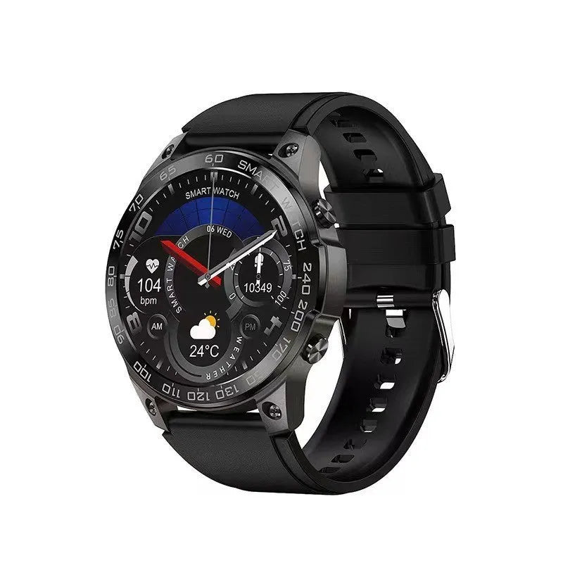 Round dial sports watch with AMOLED screen and silicone strap showing Bluetooth calling and fitness tracking features