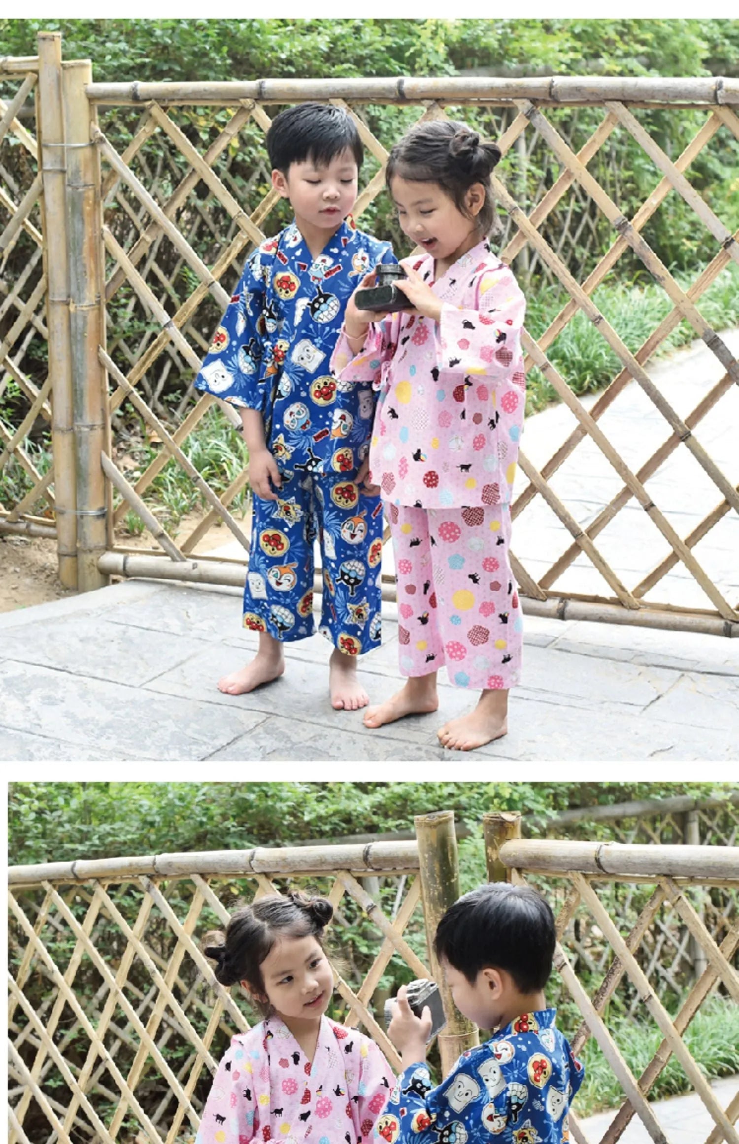 Girls' cartoon printed cotton pajamas suit in pink floral ball cat design with long sleeves, available in sizes 90-140cm