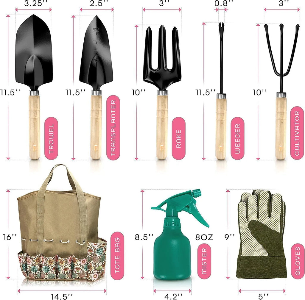 8-piece stainless steel gardening tools set including various garden implements for planting and maintenance