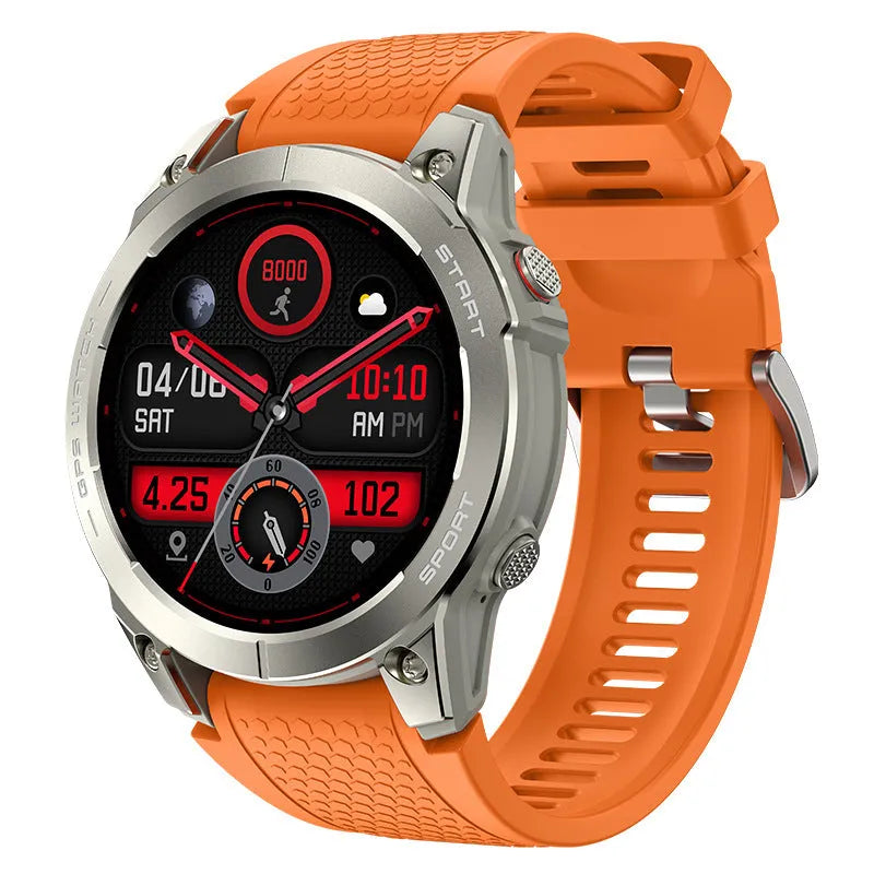S53 Outdoor GPS Sports Call Smart Watch in black or orange with 1.43-inch touchscreen display