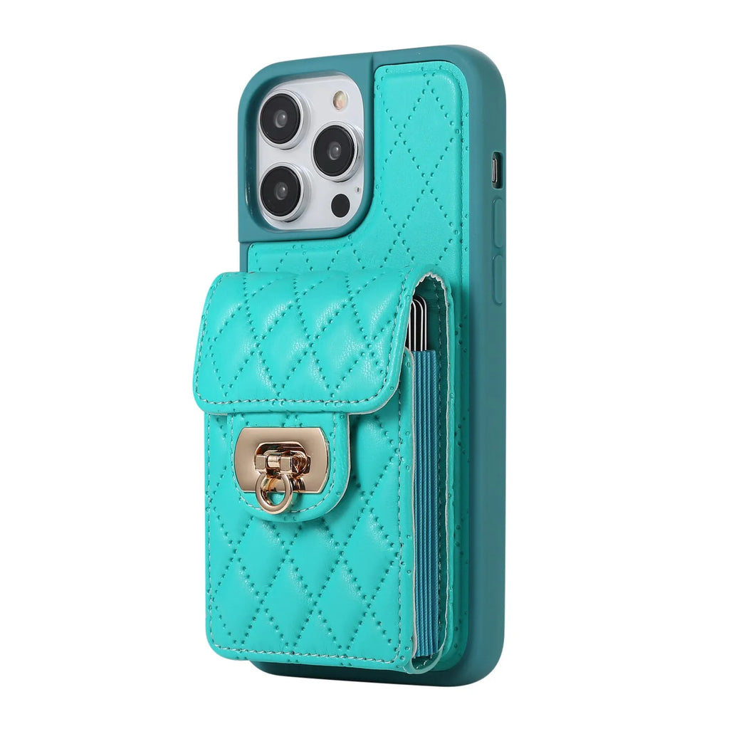Black PU TPU back cover phone case with card holder slot and long lanyard for iPhone