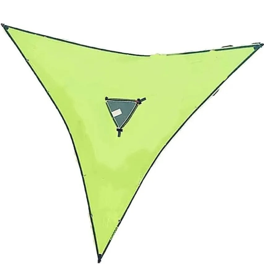 Green aerial multi-person triangle hammock made from nylon 210T, 400cm sides, hanging outdoors