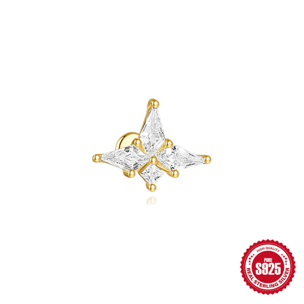 S925 sterling silver geometric kite earring with rhinestones and a chain tassel drop in a gold colour.