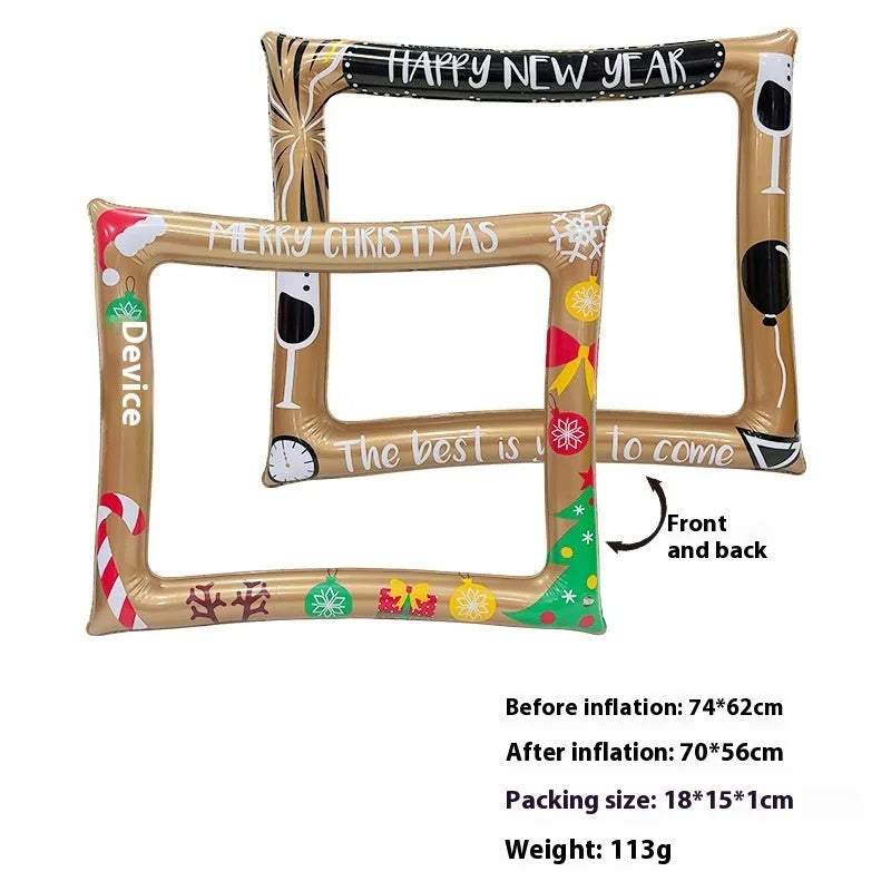 Red and white Christmas-themed inflatable photo frame prop with festive designs.