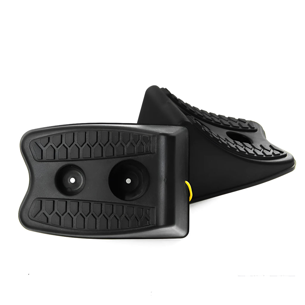 Black rubber automobile universal wheel stopper with triangular anti-slip base on sloped ground
