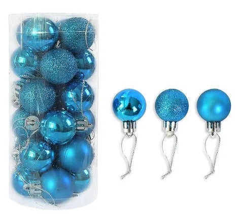 Assortment of 3cm diameter shiny and matte Christmas decoration balls in red, gold, blue, and silver colours.