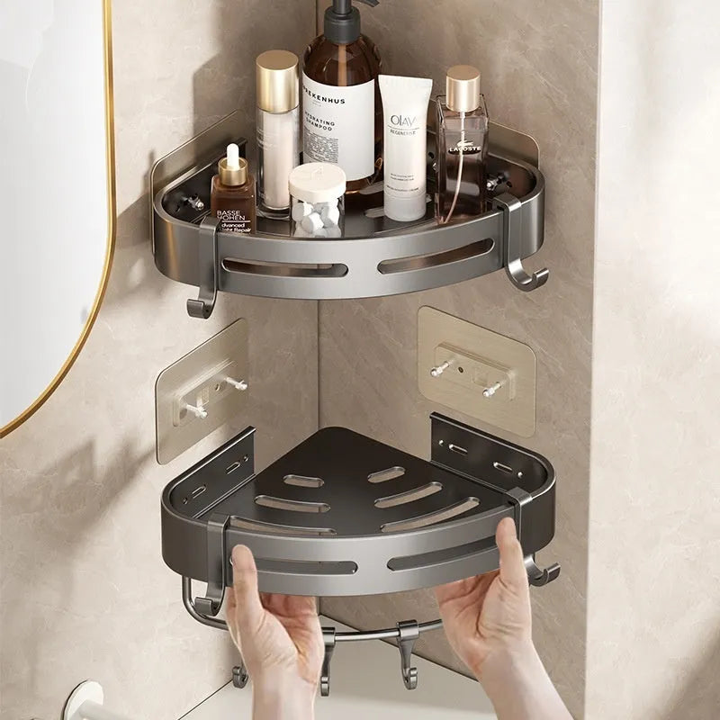 Punch-free fan-shaped corner shower rack, single layer, gun gray, with 15.00kg load-bearing capacity