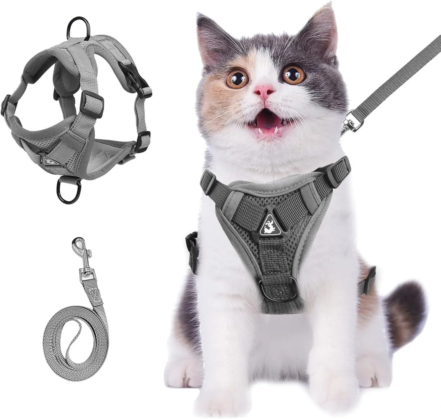 Adjustable soft mesh cat harness and leash set with reflective strips shown in blue, coffee, and grey colours.