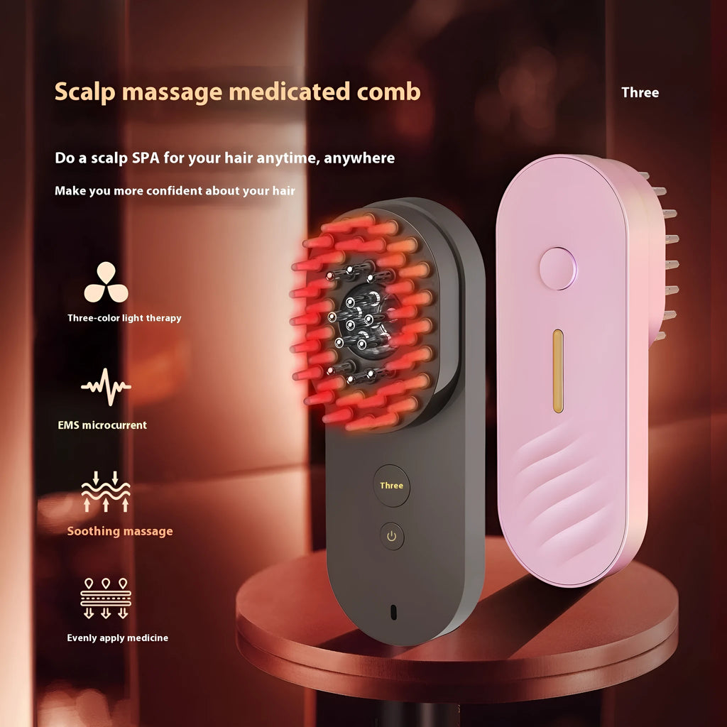 Smart massage comb hair care device with red light therapy function in pink or black colour