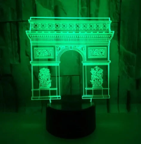 Triumphal Arch 3D night light with seven-colour LED illuminated in white against a dark background