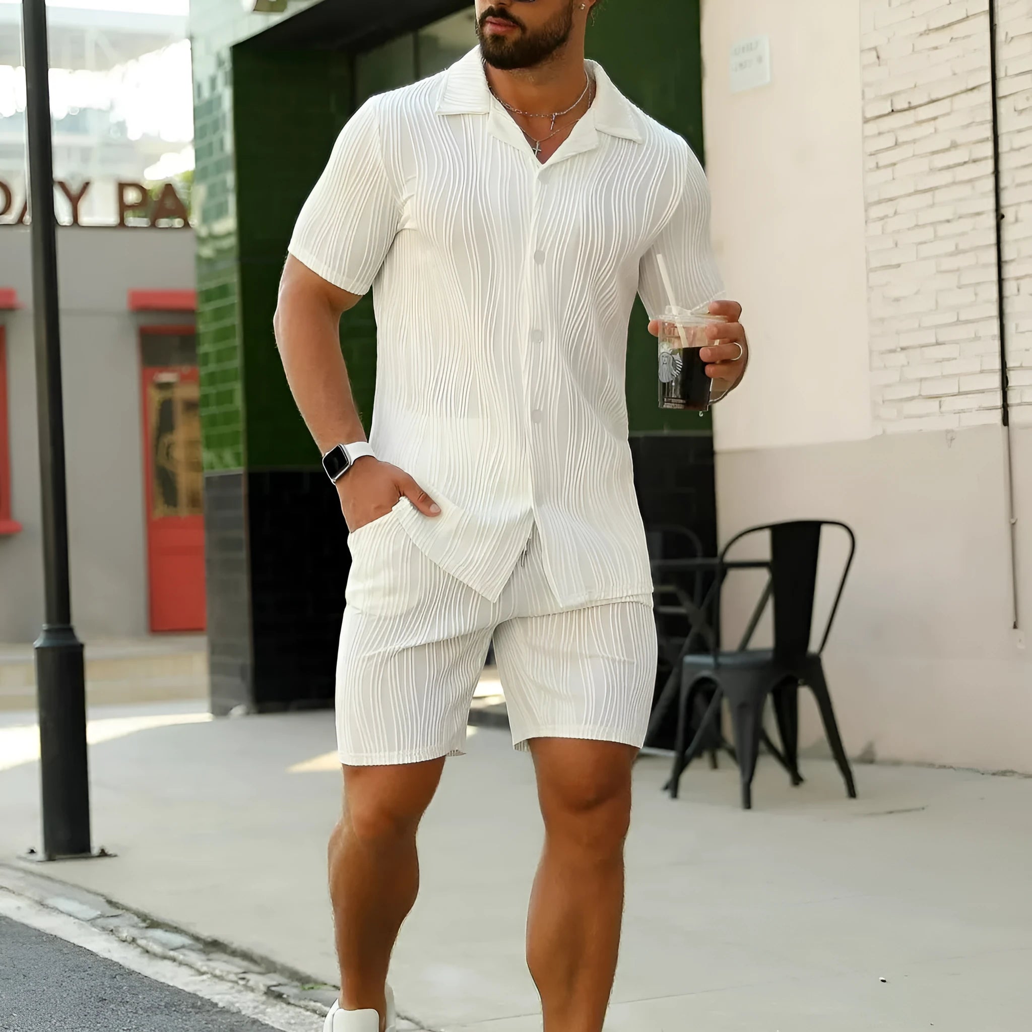 Men's black wave pattern shorts suit with short sleeve top and matching shorts