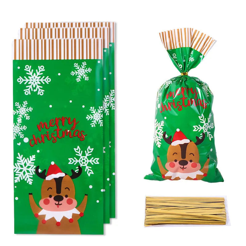 50 clear OPP Christmas gift tying bags 13x27cm flat, with red and green designs