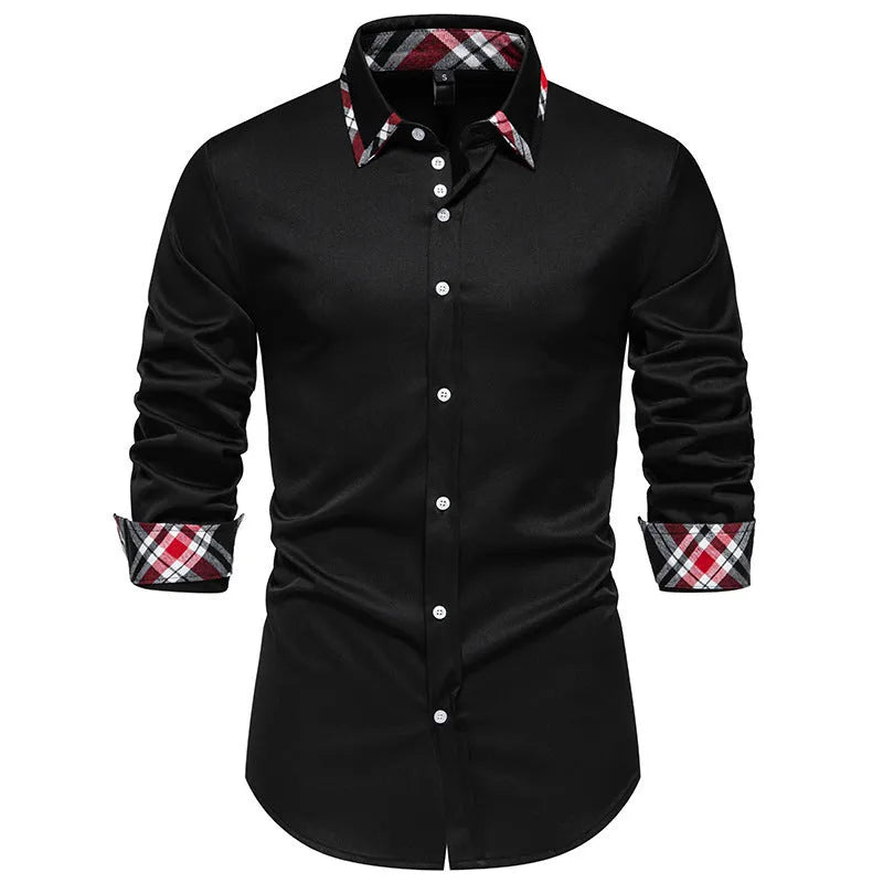 Men's plaid contrast colour triangle collar long sleeve shirt in polyester blend fabric