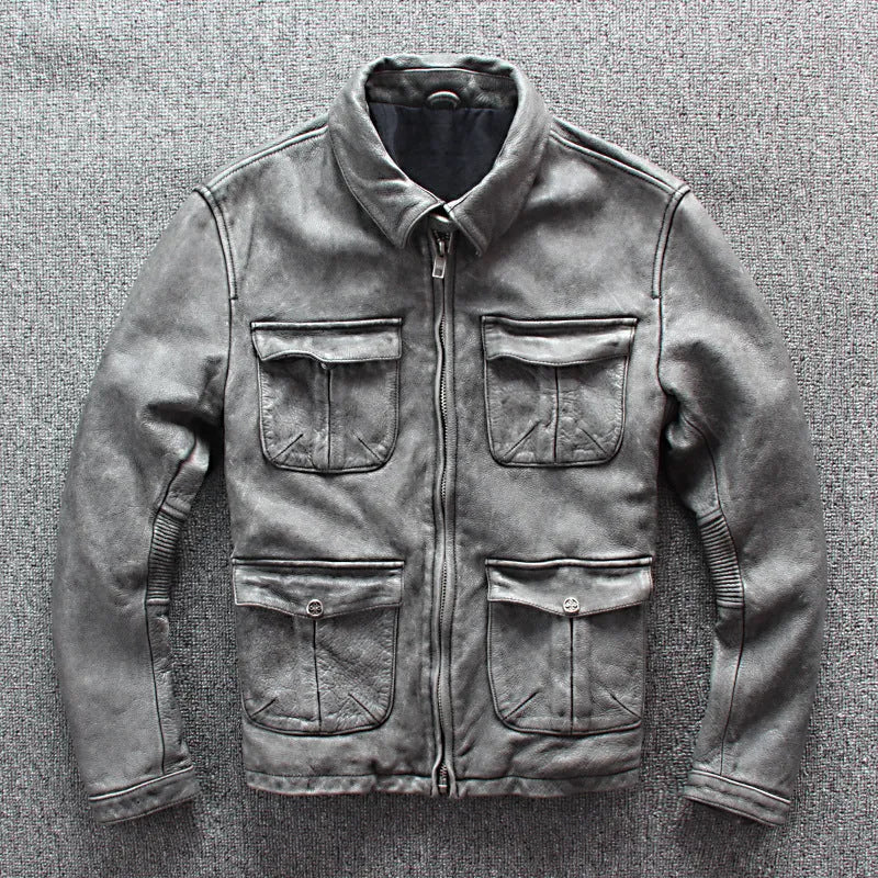 Men's gray genuine leather jacket with shirt collar, round hem, chest pocket, and color block pattern, sizes S-XXXXL.