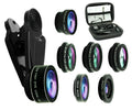 7-in-1 mobile phone camera lens kit with fisheye, wide angle, macro, 2X telephoto, CPL, star and kaleidoscope lenses plus universal clip