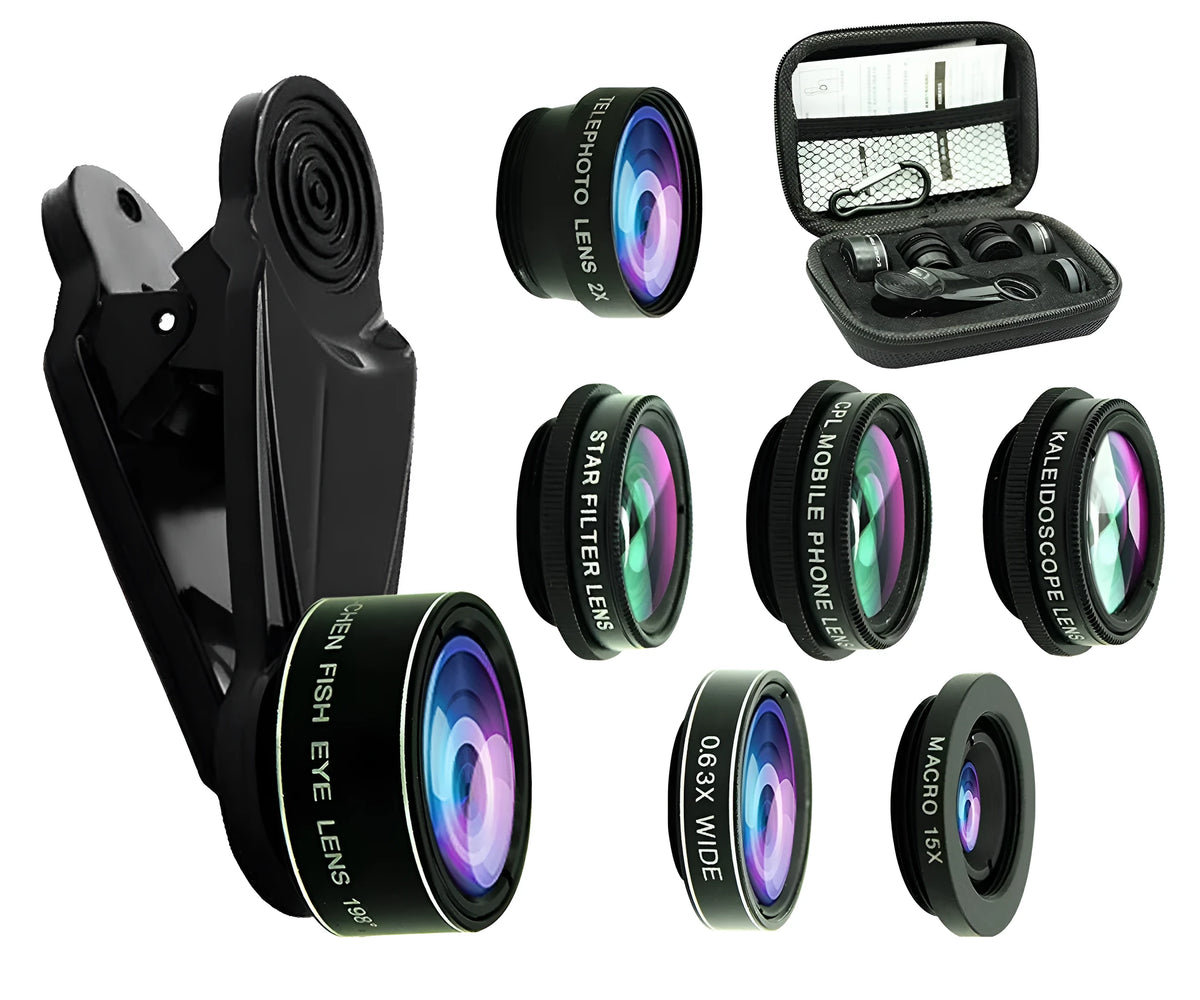 7-in-1 mobile phone camera lens kit with fisheye, wide angle, macro, 2X telephoto, CPL, star and kaleidoscope lenses plus universal clip