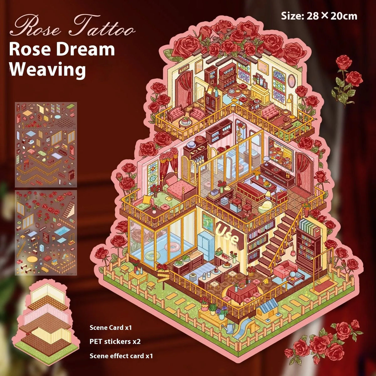 3D miniature landscape PET stickers with scene card and effect card in cartoon style