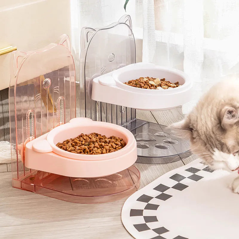 Grey cat feeding bowl with anti-spill design and removable cat ears for neck protection