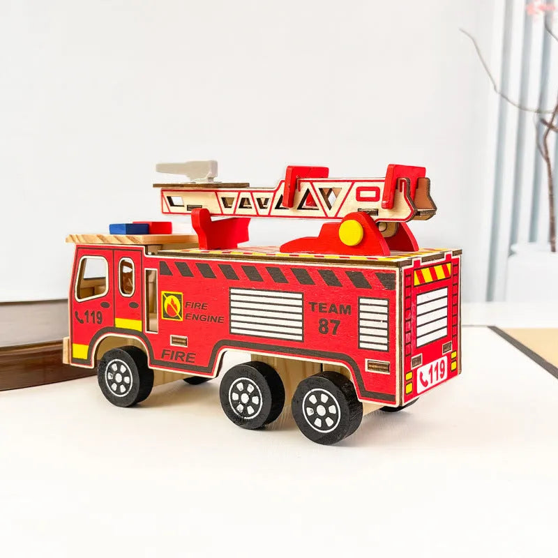 Colourful wooden fire truck model toy on a white background, 21.5cm long, bright default colour
