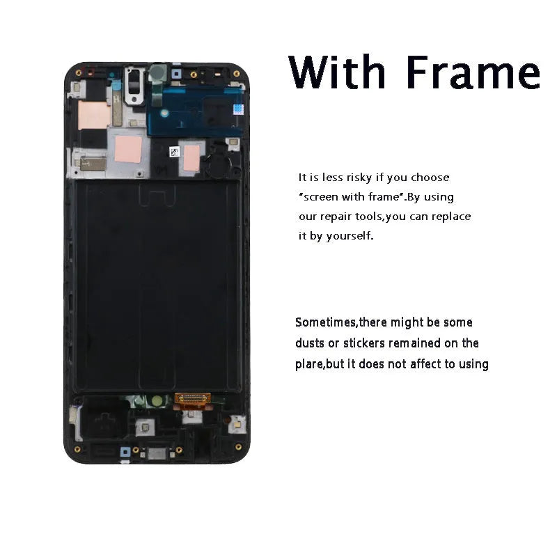 Samsung Galaxy A50 and A50S black smartphone screen replacement assembly showing LCD, frame and digitiser.