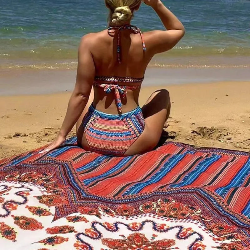 Women's three-piece split swimsuit set in picture colour, showing sleeveless cutout top, high-waist briefs, and coat.