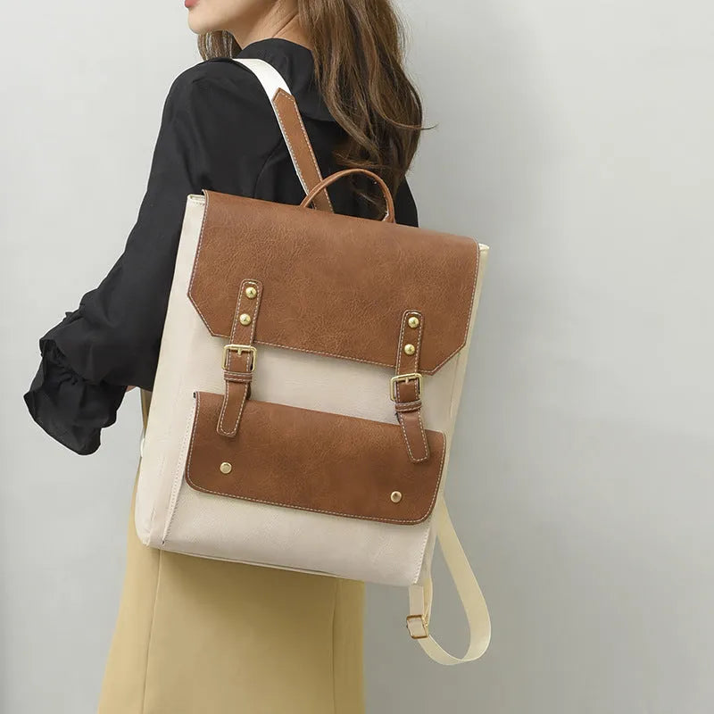 Korean retro style backpack in soft PU material with vintage design details
