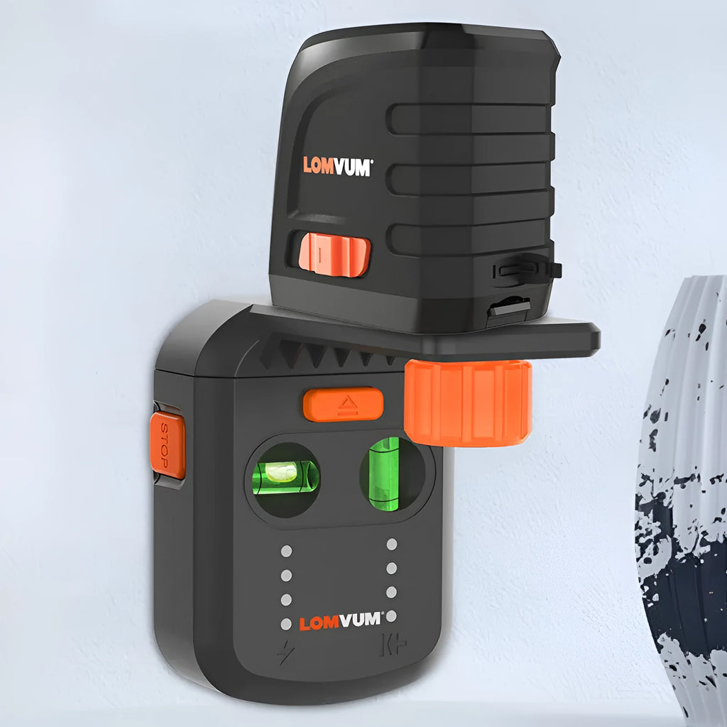 A red dust collection level meter bracket for an electric hammer drill, showing its compact size and laser window.