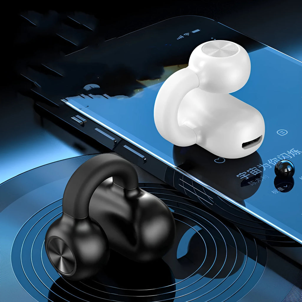 Black wireless Bluetooth bone conduction headset with clip-on design for exercise