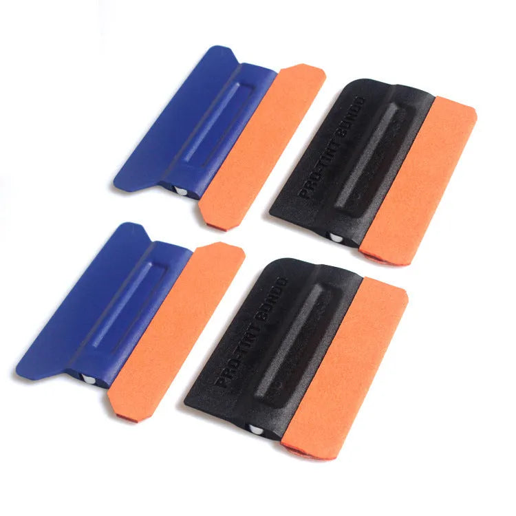 Professional automotive film scraper tool with black ABS handle and blue faux deerskin scraping pad.