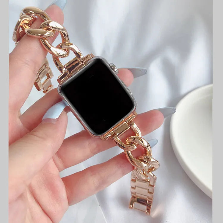 Stainless steel single row denim chain watch strap 180mm in silver colour on a dark background