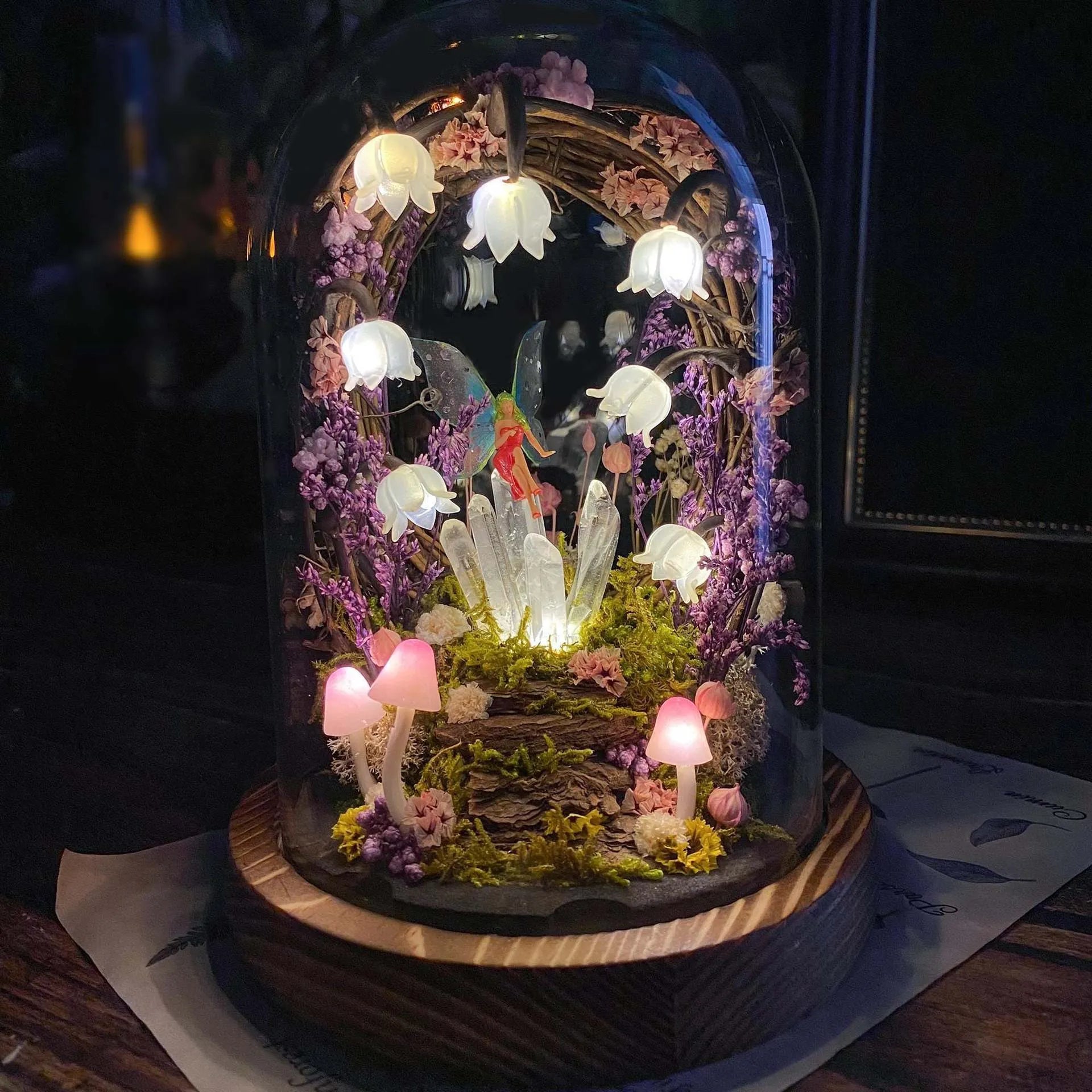 Handmade mushroom creative small night lamp with glass cover cylindrical shape, multicolor, 13x13x24cm, built-in battery
