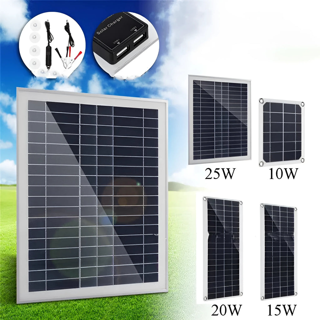 Black portable solar panel with dual USB ports for outdoor charging of mobile phones and tablets.