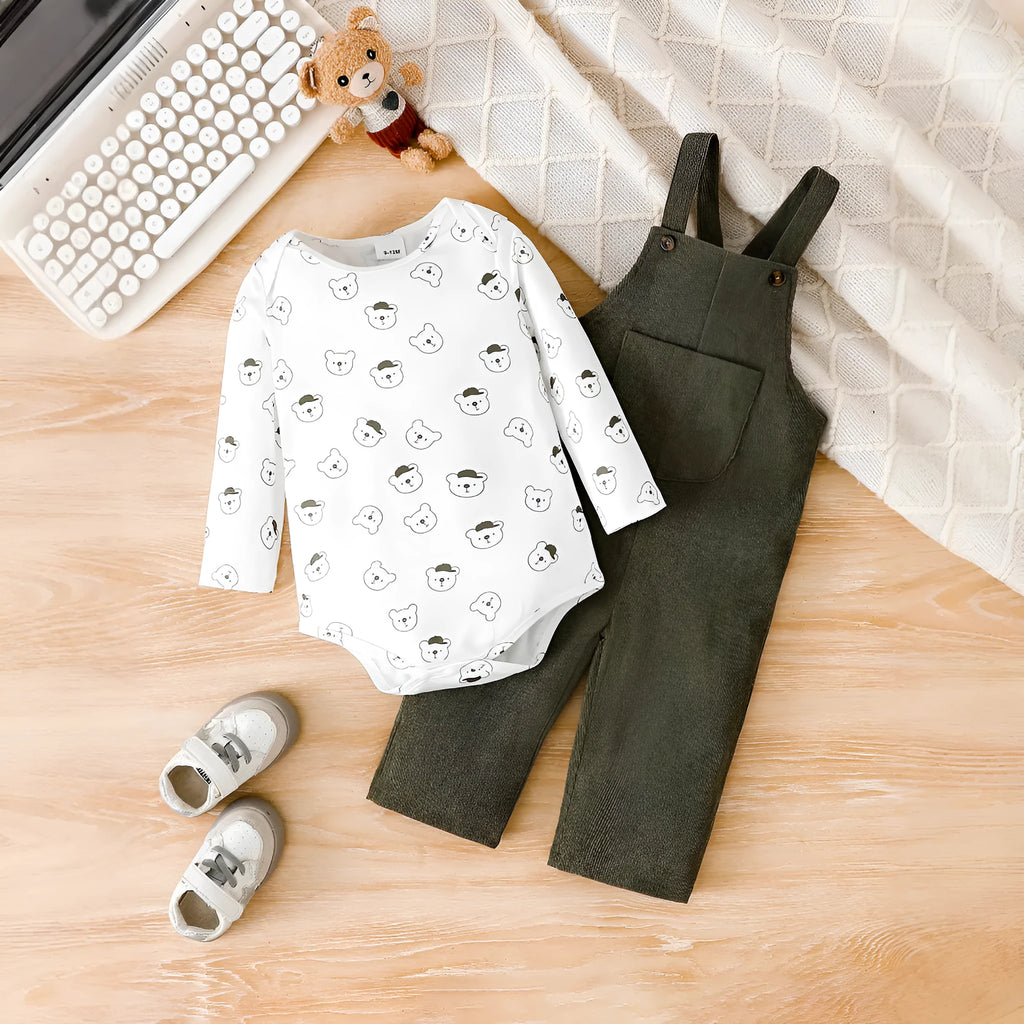 Green bear printed long sleeve round neck romper with corduroy suspender trousers baby suit on white background