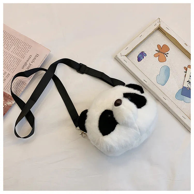Soft plush Panda Head design cylindrical crossbody bag showing front view and pocket.