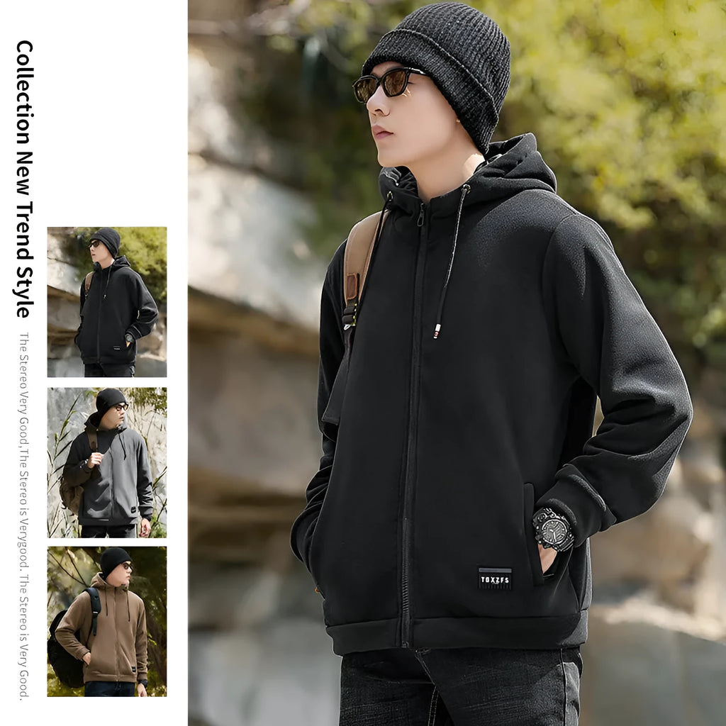 Men's hooded lamb wool jacket loose casual plus size brushed hoody in camel with wool liner and long sleeves