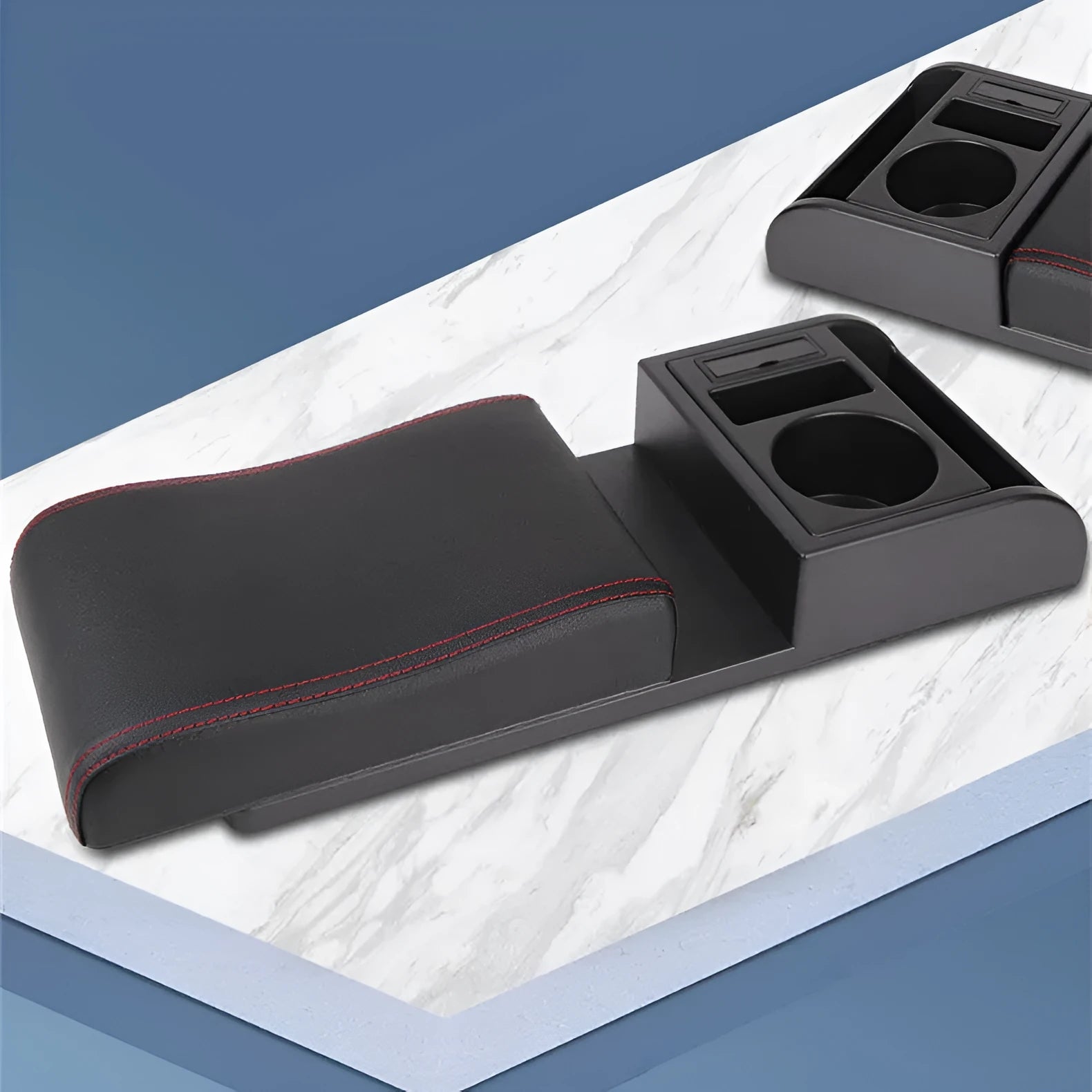 Universal car armrest cover with height adjustment in black PU leather with red stitching
