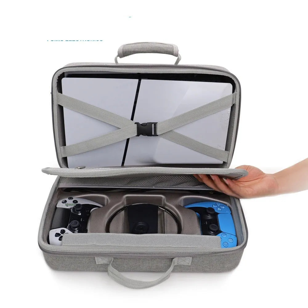 Grey EVA zippered storage bag designed for PS5 Slim console, 39x24.5x17cm