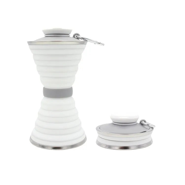 500ml silicone collapsible water bottle cup shown both expanded and folded with stainless steel rim