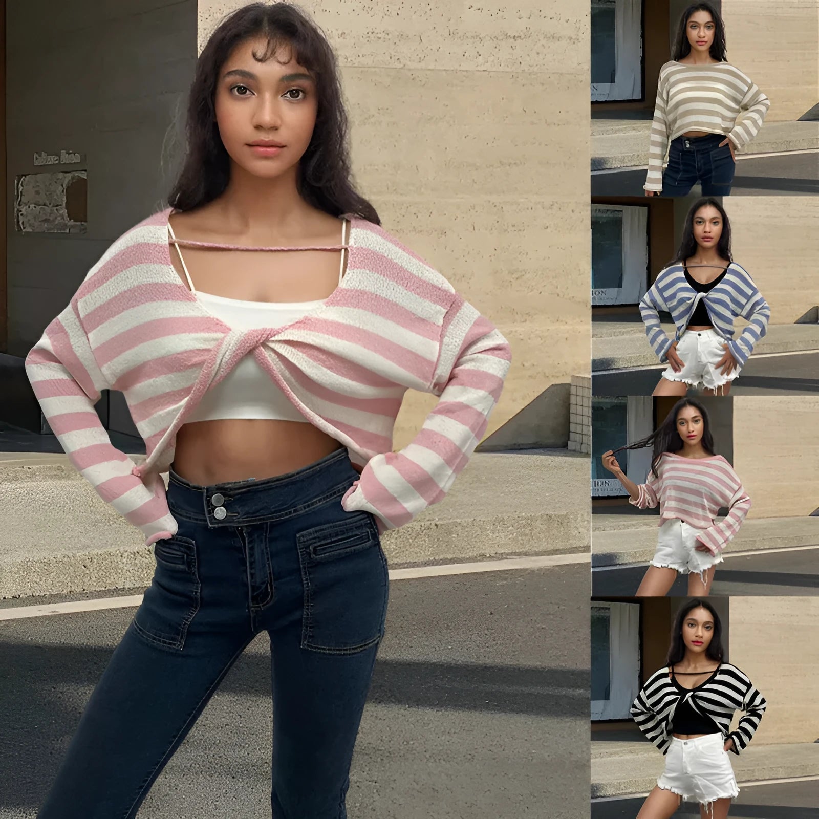 Striped long-sleeved cotton sweater shown wearable front and back, in black, pink, khaki, blue, or navy blue.