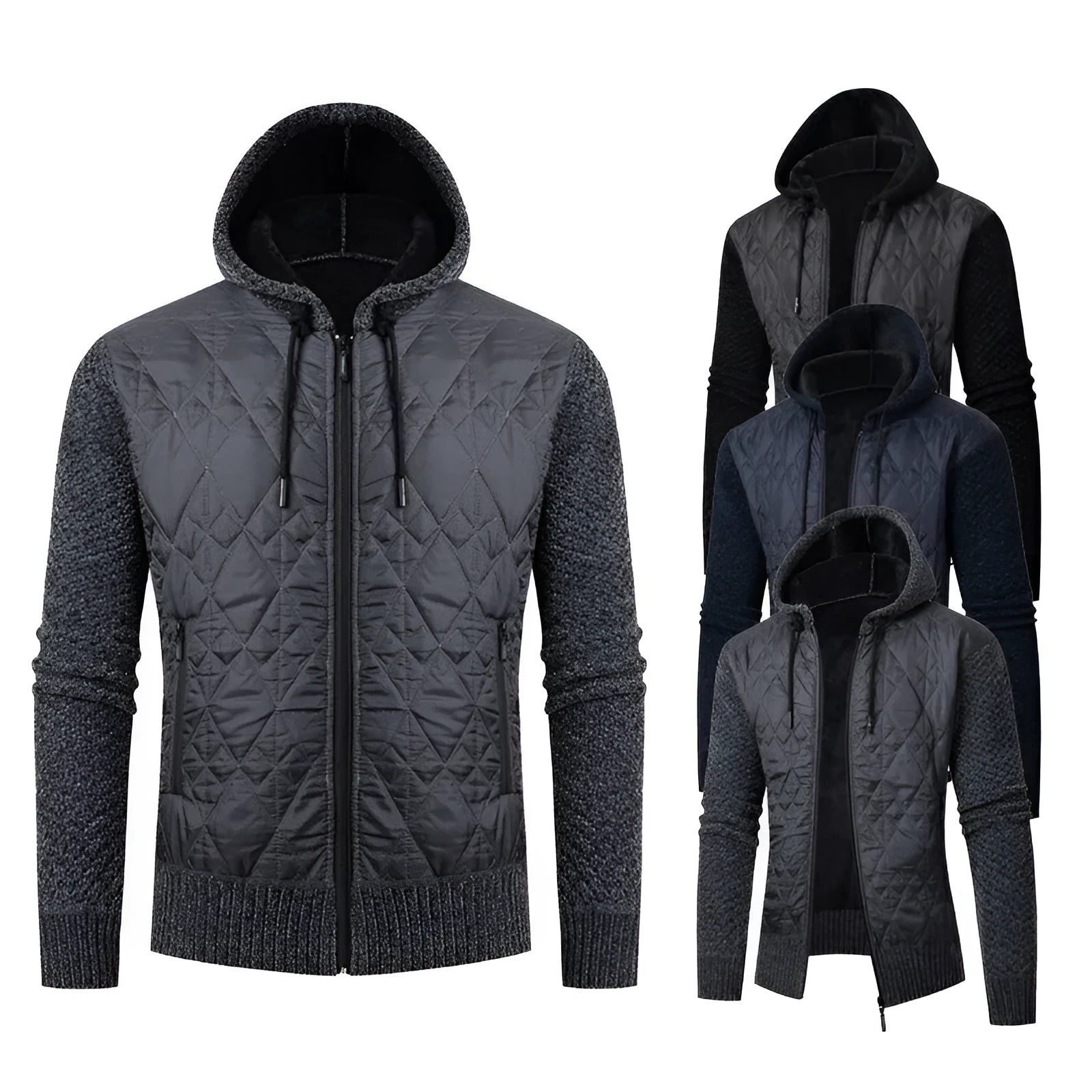 Men's grey hooded corduroy coat with a cinched waist, shown on a model.