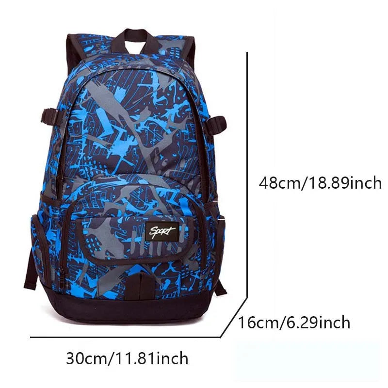 Blue and red classic nylon backpack with large main compartment and adjustable shoulder straps.