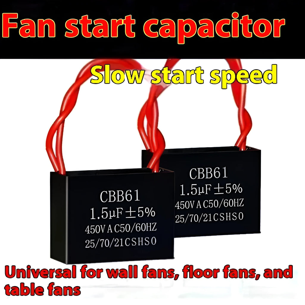 Universal electric fan capacitor 1.5µF 450V AC with PBD flame-retardant plastic shell and alloy construction