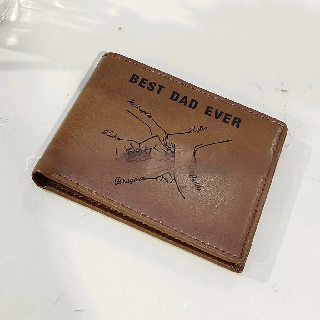 Brown personalised leather wallet with letter print, contrast stitching, and slim 10.5cm profile