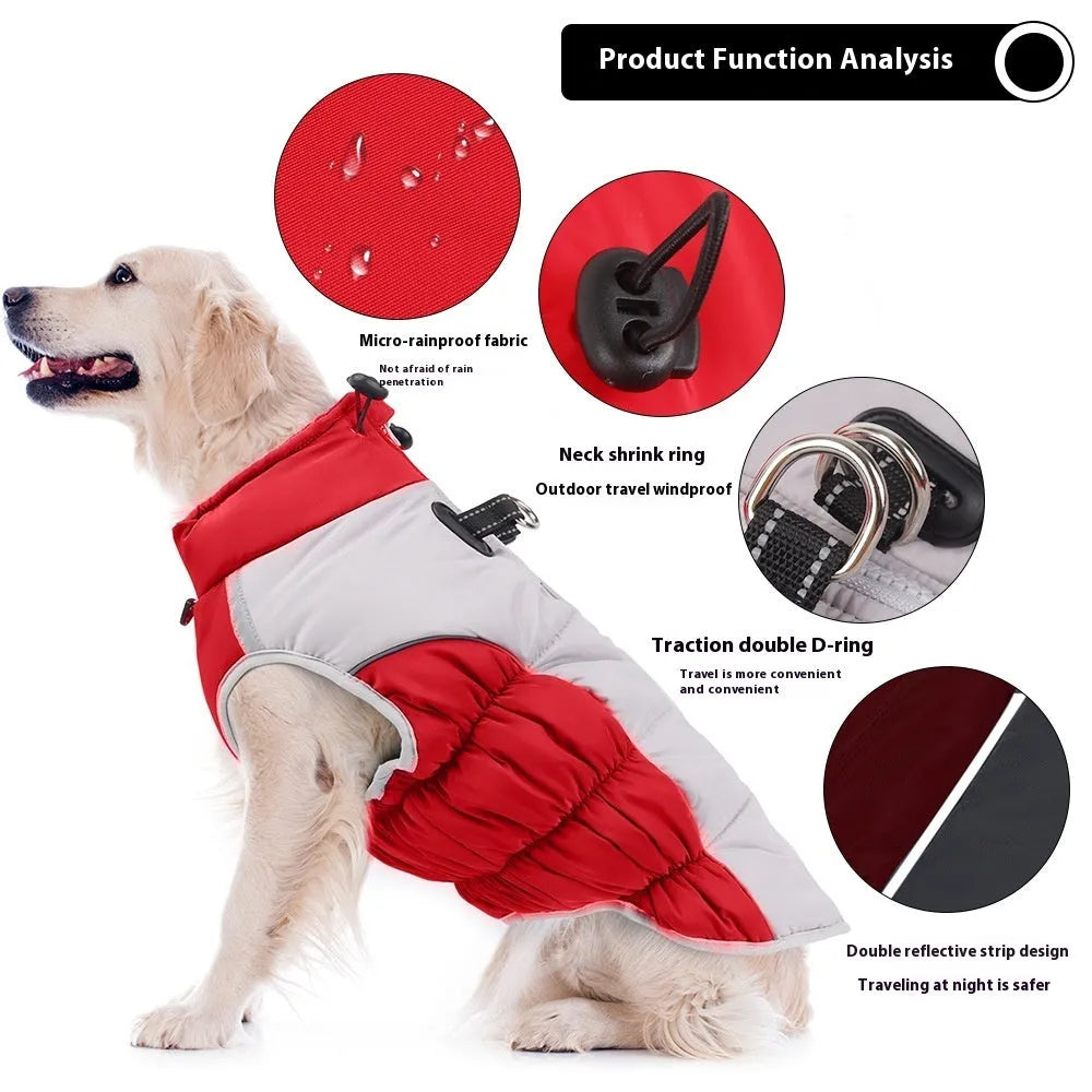 Windproof cotton dog coat for medium and large dogs in black, blue, red, and navy, sizes XL to 6XL
