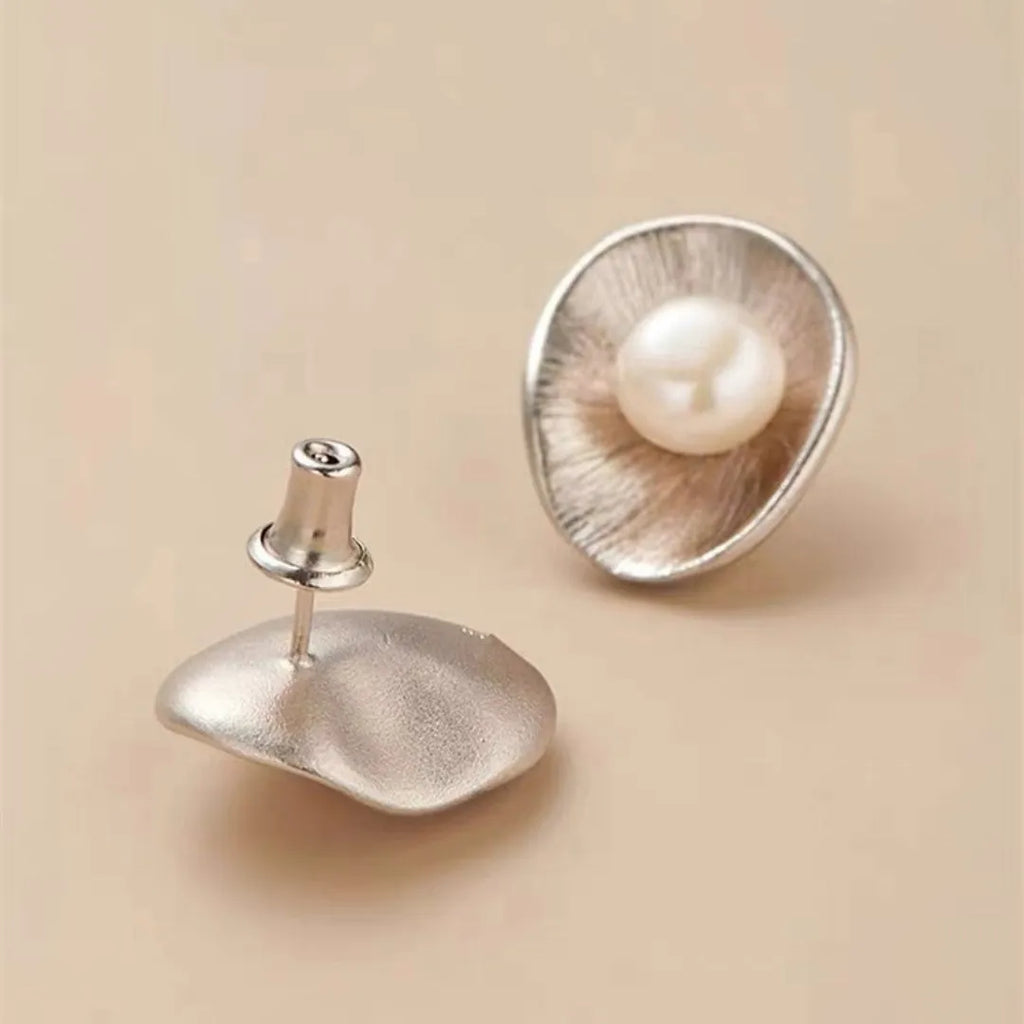 Pearl sterling silver geometric stud earrings with electroplated gold finish