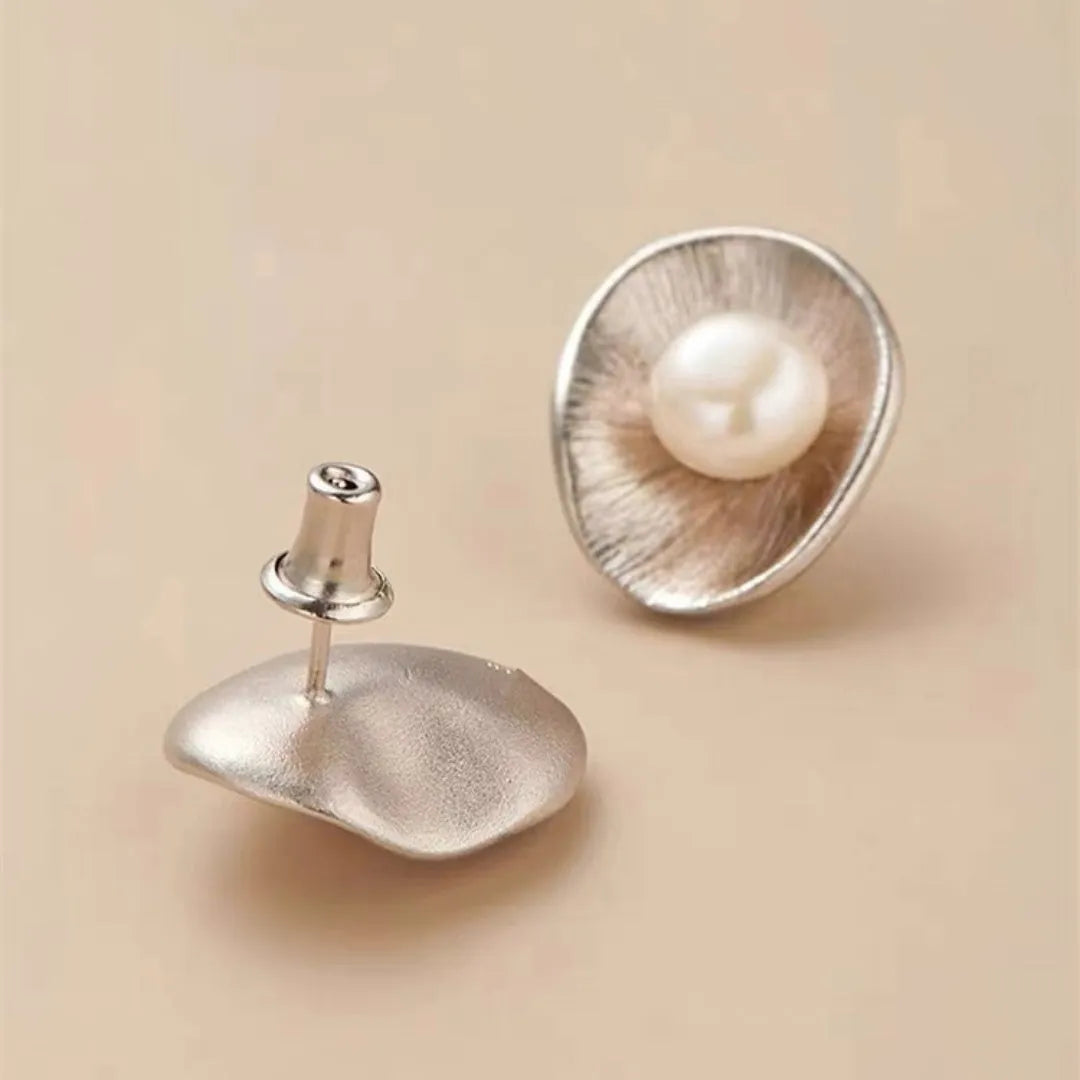 Pearl sterling silver geometric stud earrings with electroplated gold finish